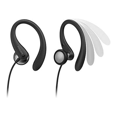 Philips A1105BK/00 Sport Hoofdtelefoon met Microfoon (In-Ear, Flexibel Oorhaakjes, Basopeningen, IPX2 Zweetbestendig, Stevige Pasvorm, Afstandsbediening in Het Snoer) Zwart - 2020/2021 Model