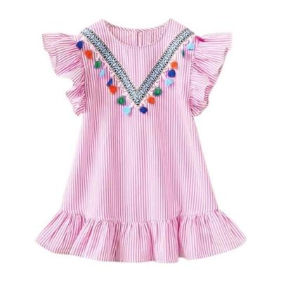 3 PC'S meisjes hals kwast verticale strepen gegolfde jurk hoogte: 90cm (roze)