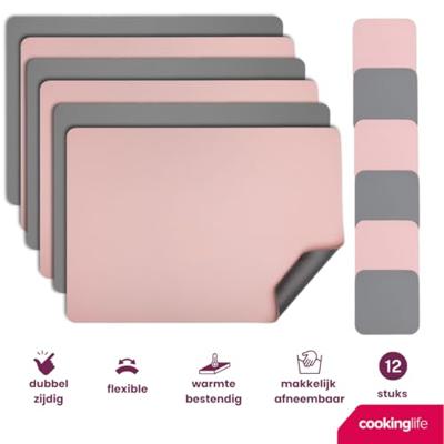 Cookinglife 6 Placemats + 6 Onderzetters - Dubbelzijdig - Vegan leer - Roze / Grijs