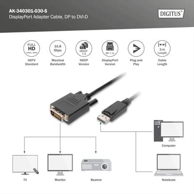 DIGITUS DisplayPort-adapterkabel - DP - DVI (24+1) - Full-HD 1080p/60Hz - Displayport 1.1a - 3m - met vergrendeling - geschikt voor monitoren, grafische kaarten - zwart