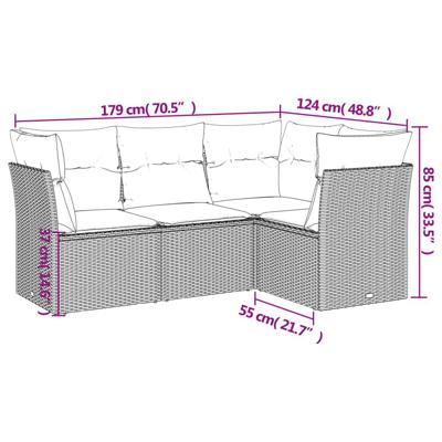 4-delige Loungeset met kussens poly rattan grijs