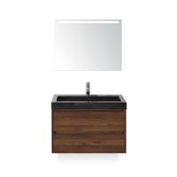 Dante Badmeubelset 80 cm - Walnoot - Wastafel Hardsteen Wit Lucca - met Sence Spiegel - thumbnail