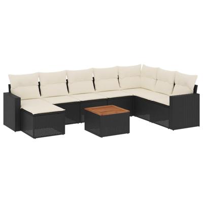 9-delige Loungeset met kussens poly rattan zwart