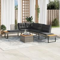 2-delige Loungeset met kussens poly rattan en acaciahout grijs - thumbnail