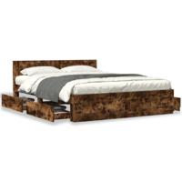 Bedframe met hoofdeinde bewerkt hout gerookt eiken 160x200 cm - thumbnail