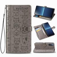 Voor Sony Xperia L4 Cute Cat en Dog Embossed Horizontale Flip Lederen Case met bracket / card slot / Wallet / Lanyard(Grijs) - thumbnail