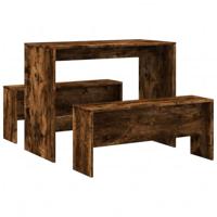 3-delige Eettafel en bankenset bewerkt hout gerookt eikenkleur - thumbnail