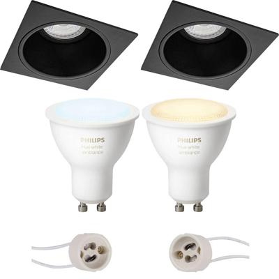 GU10 Inbouwspot Set - Mat Zwart - Inbouw Vierkant - Verdiept - Philips Hue - White Ambiance - Bluetooth - Pragmi Minko Pro - 90mm
