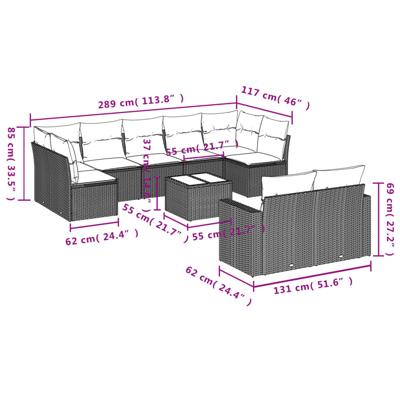 9-delige Loungeset met kussens poly rattan zwart