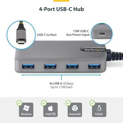 StarTech.com 4-Port USB-C Hub, 5Gbps, Bus Powered, USB-C naar 4x USB-A hub met Extra USB-C Voedingsingang, Compacte USB Hub
