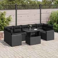 8-delige Loungeset met kussens poly rattan zwart - thumbnail