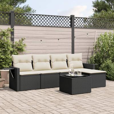 5-delige Loungeset met kussens poly rattan zwart - thumbnail