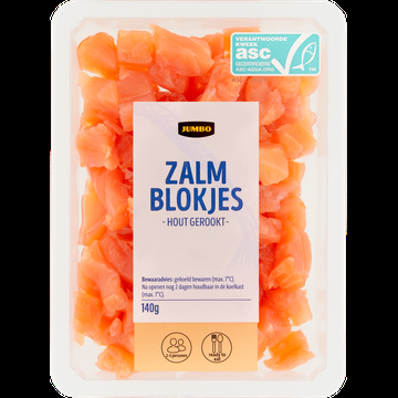 Jumbo Hout Gerookte Zalmblokjes 140 g Jumbo Hout Gerookte Zalmblokjes 140 g