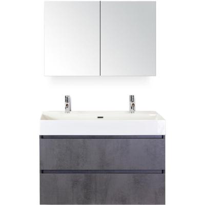 Maxx XL Badmeubelset 100 cm - Beton Antraciet - Wastafel Kube 2 Kraangaten met Spiegelkast
