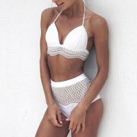 2 stuks dames sexy gegolfd kant halter bikini Split push up badpak maat: M (witte hoge taille) - thumbnail