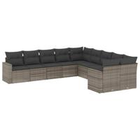 10-delige Loungeset met kussens poly rattan grijs - thumbnail