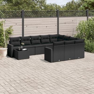 11-delige Loungeset met kussens poly rattan zwart