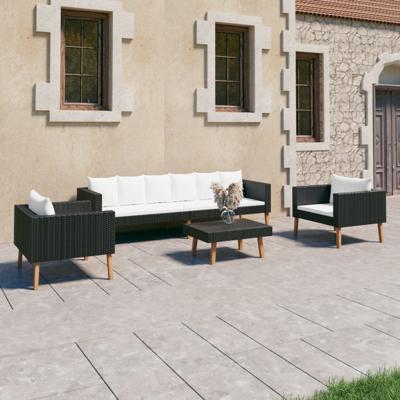 4-delige Loungeset met kussens poly rattan zwart