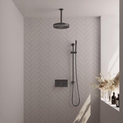 Brauer Stripe thermostatische inbouw regendouche met drukknoppen SET 33 met 25 cm douchekop en plafondarm en staaf handdouche en doucheslang en geintegreerde glijstang gunmetal geborsteld PVD
