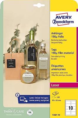 Avery-Zweckform T3001-10 Labels 90 x 50 mm Polyester Wit 100 stuk(s) Niet hechtend Laser (kleur), Laser (zwart/wit)