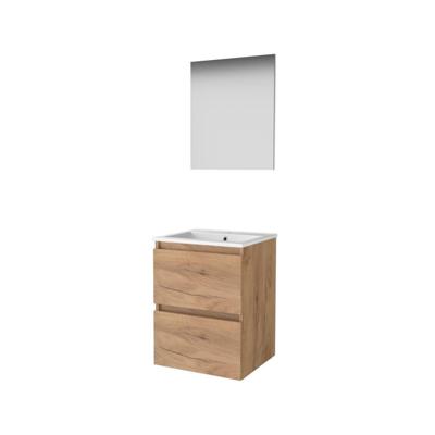 Basic-Line Basic 46 Badkamermeubelset - 50 x 46 cm - Greeploos - 2 Lades - Keramische Wastafel - 1 Kraangat - Spiegel - Whisky Oak