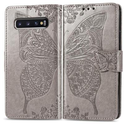 Butterfly Love bloemen reliëf horizontale Flip lederen case voor Galaxy S10 met houder & kaartsleuven & portemonnee & Lanyard (grijs)