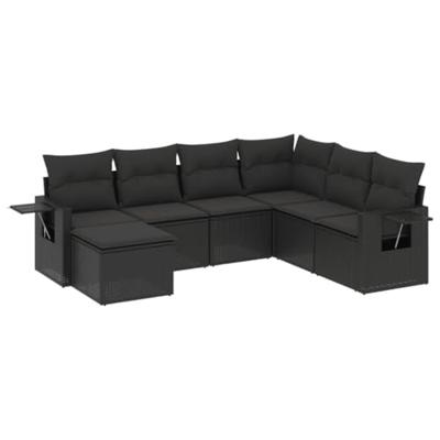 7-delige Loungeset met kussens poly rattan zwart