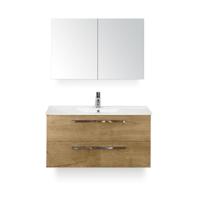 Seville Badmeubelset 100 cm - Natuur Eiken - Keramische Wastafel Wit Enjoy - met Spiegelkast - thumbnail