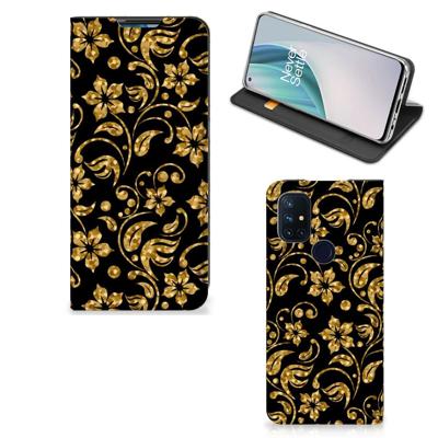 OnePlus Nord N10 5G Smart Cover Gouden Bloemen OnePlus Nord N10 5G Smart Cover Gouden Bloemen