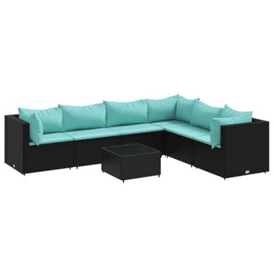 7-delige Loungeset met kussens poly rattan zwart