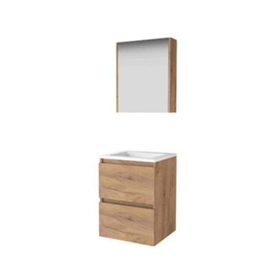 Basic-Line Comfort 46 Badkamermeubelset - 50 x 46 cm - Greeploos - 2 Lades - Acryl Wastafel - 1 Kraangat - Spiegelkast - Whisky Oak