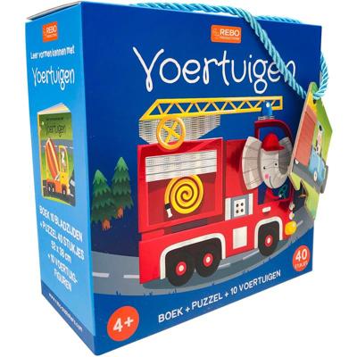 Rebo Publishers Boek, puzzel + 10 figuren - voertuigen