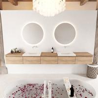 MONDIAZ BUKLA 300cm badmeubel met module 60 kleur Washed Oak met 5 lades. Wastafel CLOUD dubbel 0 kraangaten kleur Talc. - thumbnail