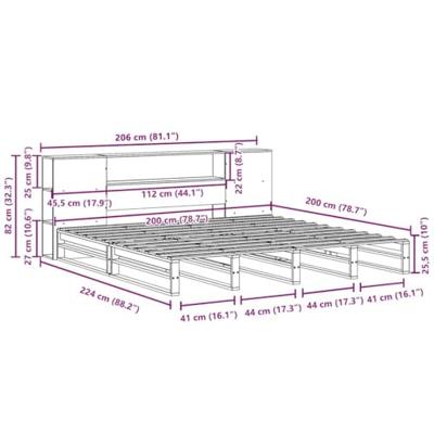 Bed met boekenkast zonder matras massief hout wit 200x200 cm