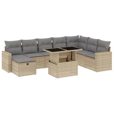 9-delige Loungeset met kussens poly rattan beige