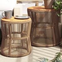 Tuinbijzettafels 2 st met houten blad poly rattan beige - thumbnail