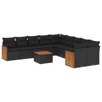 11-delige Loungeset met kussens poly rattan zwart - thumbnail