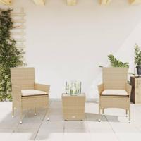 3-delige Bistroset met kussens poly rattan en glas beige - thumbnail