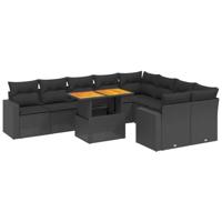 10-delige Loungeset met kussens poly rattan zwart - thumbnail