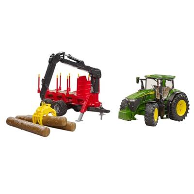 bruder John Deere 7R 350 met aanhanger en 4 boomstammen modelvoertuig - thumbnail