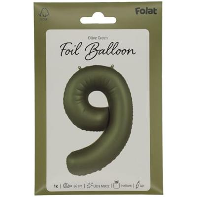 Folieballon Cijfer 9 Olijfgroen Mat (86cm)