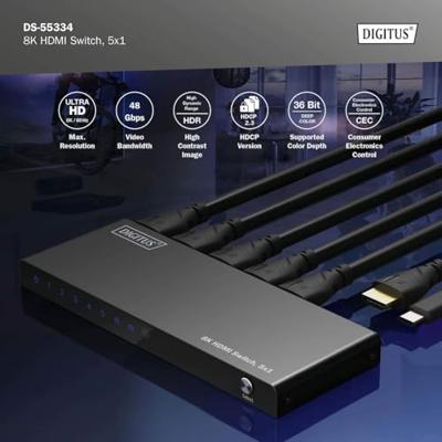 Digitus DS-55334 HDMI-switch 1 + 5 poorten LED-weergave, Met afstandsbediening, Ultra HD-geschikt, Met metalen behuizing, Individueel schakelbaar, Met Digitus DS-55334 HDMI-switch 1 + 5 poorten LED-weergave, Met afstandsbediening, Ultra HD-geschikt, Met metalen behuizing, Individueel schakelbaar, Met