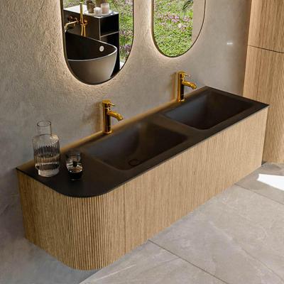 Mondiaz KURVE 145 cm Onderkast Greeploos 1 Lade Met Deuren Oak, Wastafel Solid Surface Rechts Urban 2 Kraangaten Zonder Spiegel (KRVCLO145L1L1D2KD-Oak/Urb)
