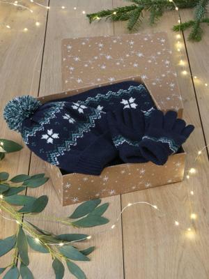 Kerstdoos Vlokje voor jongens muts + snood + handschoenen/wanten marineblauw Kerstdoos Vlokje voor jongens muts + snood + handschoenen/wanten marineblauw