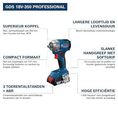 Bosch Blauw GDS 18V-350 Accu Slagmoeraanzetter | 350 Nm | Incl. accu's en lader - 06019M5022 Bosch Blauw GDS 18V-350 Accu Slagmoeraanzetter | 350 Nm | Incl. accu's en lader - 06019M5022