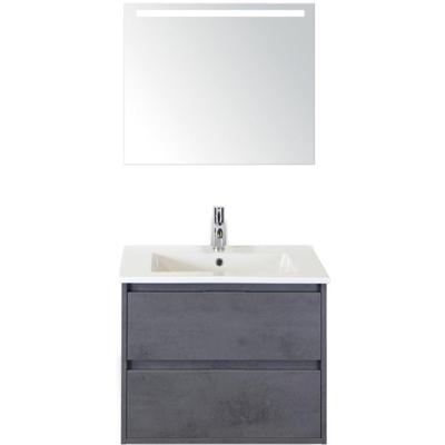 Porto Badmeubelset 70 cm - Beton Antraciet - Keramische Wastafel Wit Slim met Sence Spiegel