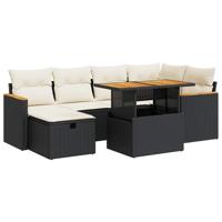 7-delige Loungeset met kussens poly rattan zwart - thumbnail