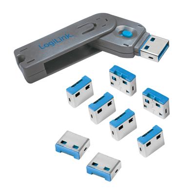 LogiLink AU0045 USB-A-poortslot Set van 8 stuks Zilver, Blauw Incl. 1 sleutel