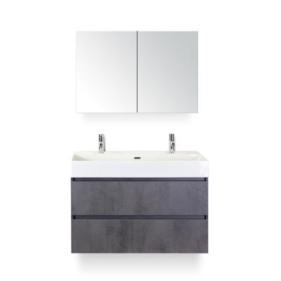 Maxx XL Badmeubelset 100 cm - Beton Antraciet - Wastafel Kube 2 kraangaten - met Spiegelkast