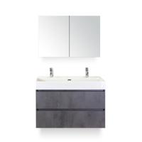 Maxx XL Badmeubelset 100 cm - Beton Antraciet - Wastafel Kube 2 kraangaten - met Spiegelkast - thumbnail
